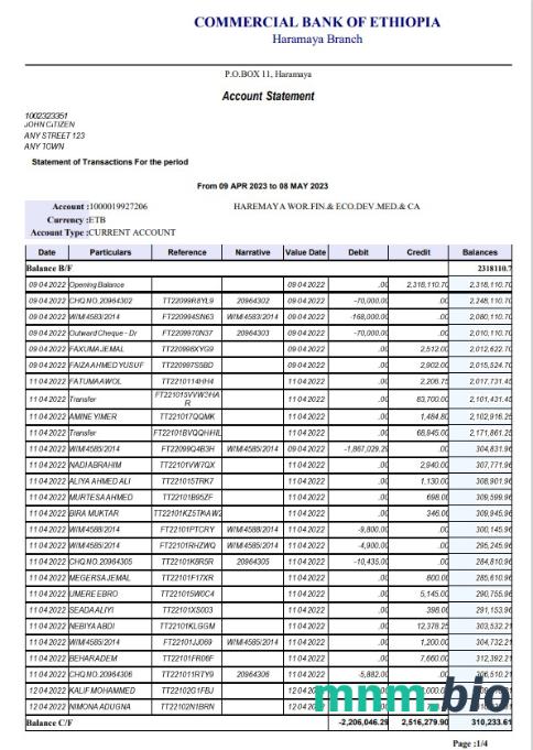 Ethiopia Commercial Bank Of Ethiopia wzór wyciągu bankowego w formacie Word i PDF